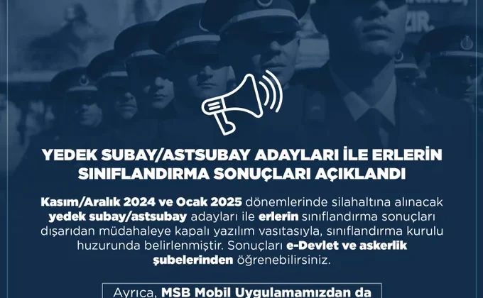 Kasım/Aralık 2024 ve Ocak 2025 Döneminde Yedek Subay ve Astsubay Adayları İçin Sınıflandırma Sonuçları Açıklandı