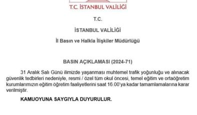 İstanbul’da 31 Aralık Salı Günü Eğitim Öğretim Faaliyetleri Erken Tamamlanacak