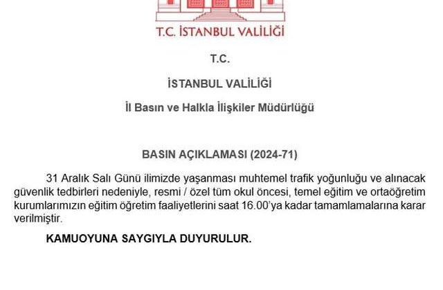 İstanbul’da 31 Aralık Salı Günü Eğitim Öğretim Faaliyetleri Erken Tamamlanacak